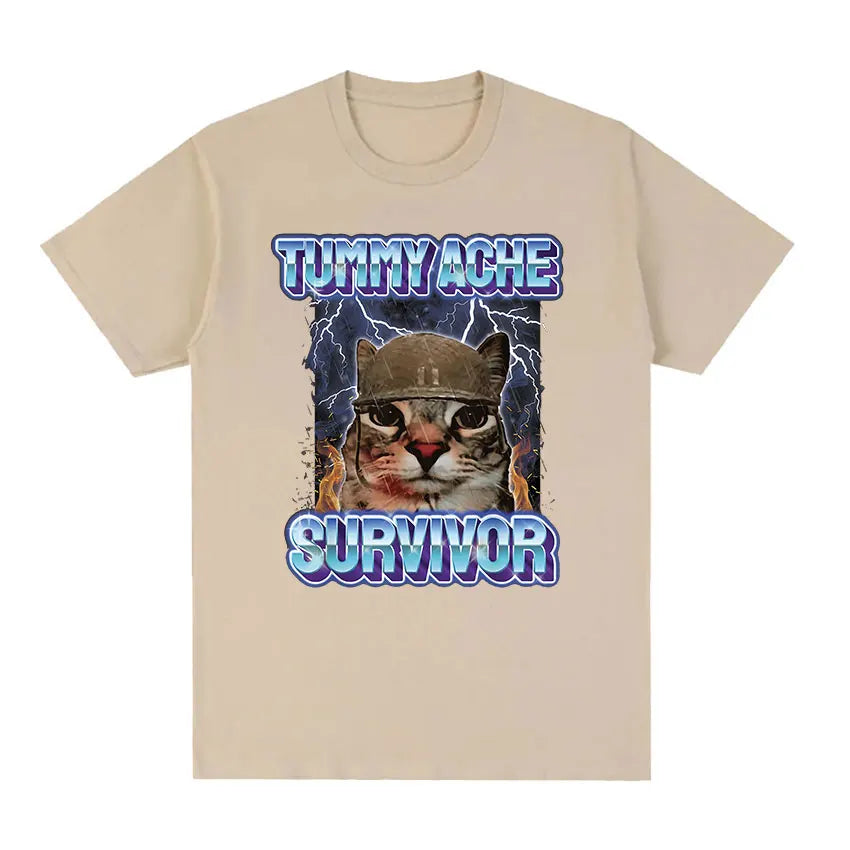 Vintage Tummy Ache Survivor Funny Cat Meme Tee Shirt Men Women Clothing Fashion Short Sleeve T-shirt Casual T Shirts