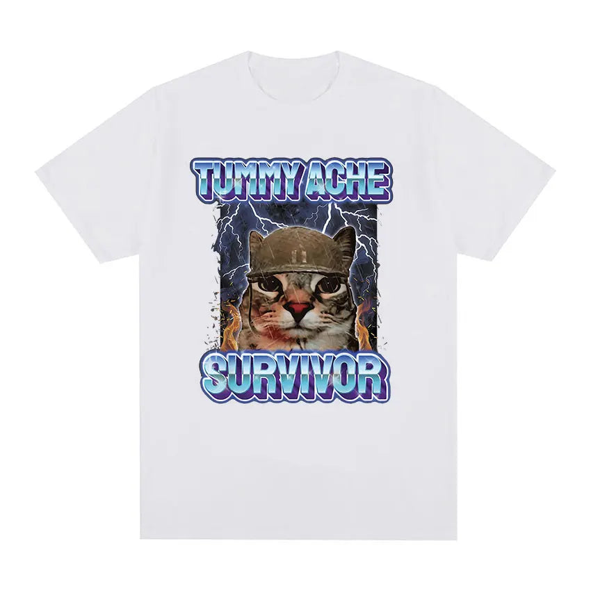 Vintage Tummy Ache Survivor Funny Cat Meme Tee Shirt Men Women Clothing Fashion Short Sleeve T-shirt Casual T Shirts