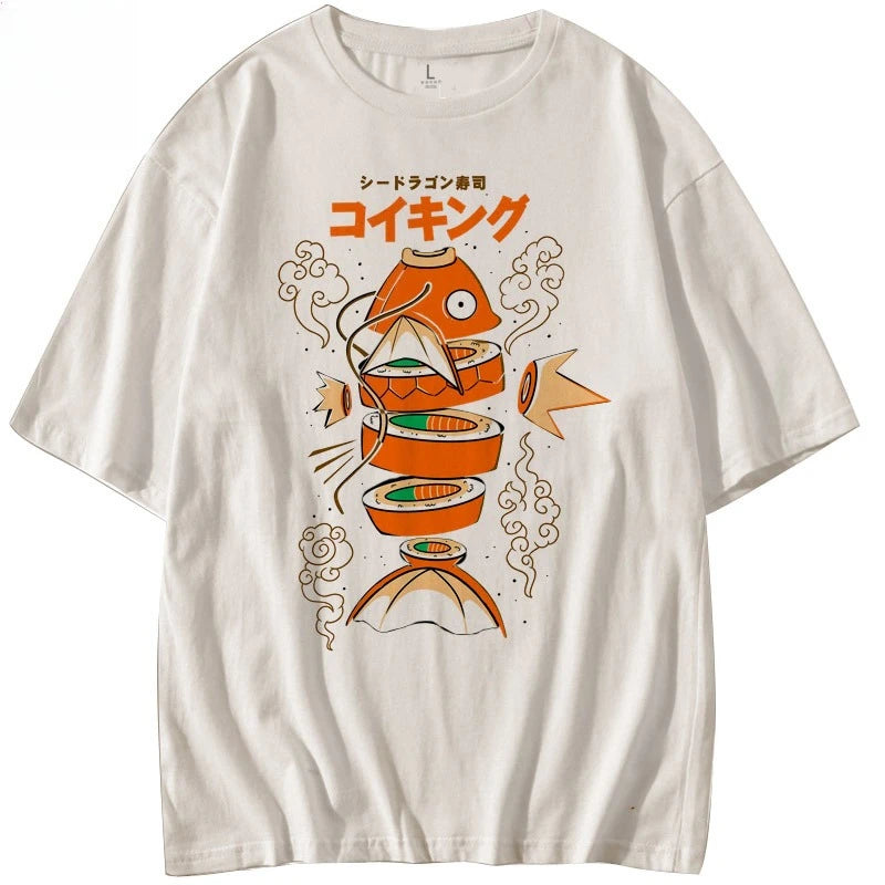 Japanese-style Pokémon King Carp Magikarp Sushi Sashimi Short Sleeve T-Shirt Loose Men's and Women's Summer Trend Top Clothing