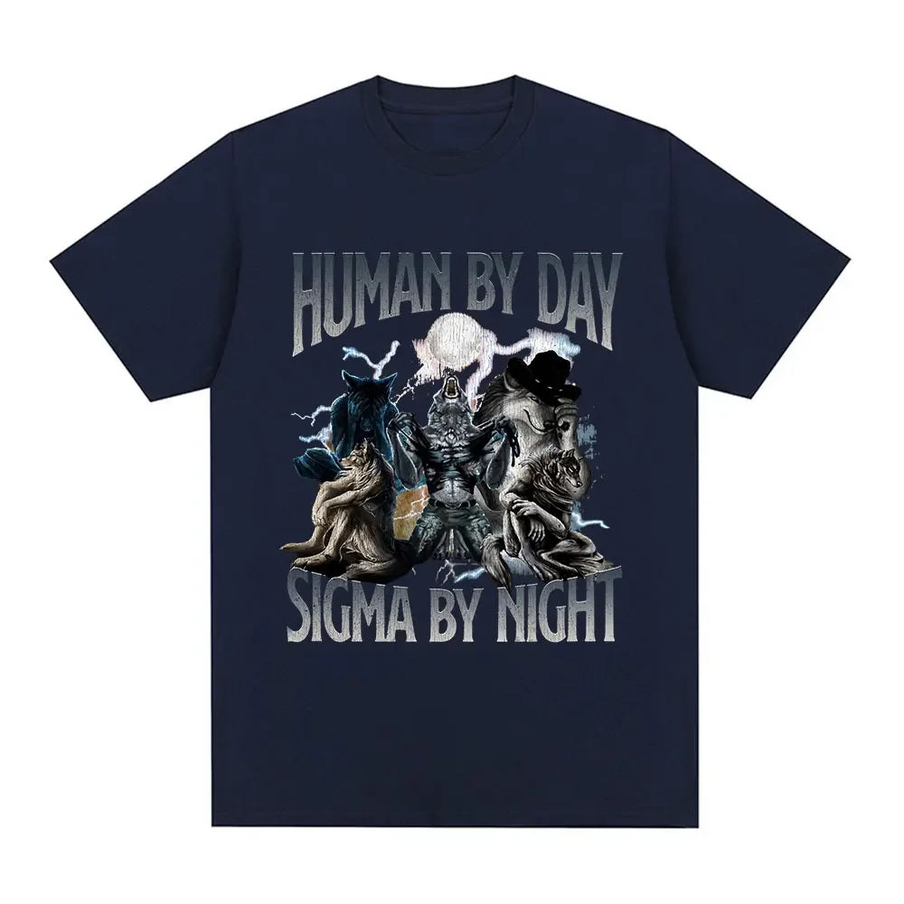 Human By Day Sigma By Night Funny Wolf Graphic T Shirt Men Women Casual Cotton Short Sleeve Oversized T-shirts Streetwear Unisex