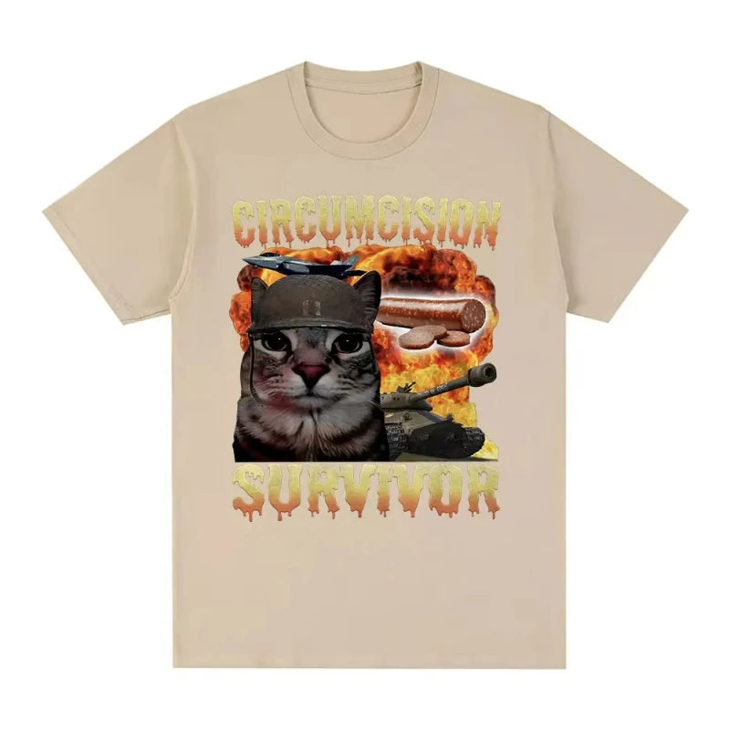 Circumcision Survivor Funny Cat Meme T Shirts Men Women Vintage T-shirt Casual Cotton Short Sleeve Summer T-shirts Streetwear
