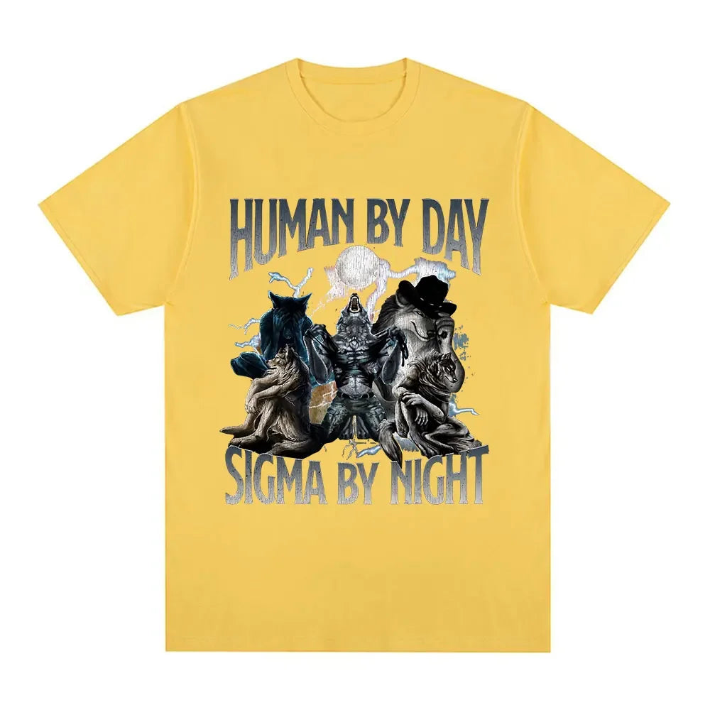 Human By Day Sigma By Night Funny Wolf Graphic T Shirt Men Women Casual Cotton Short Sleeve Oversized T-shirts Streetwear Unisex