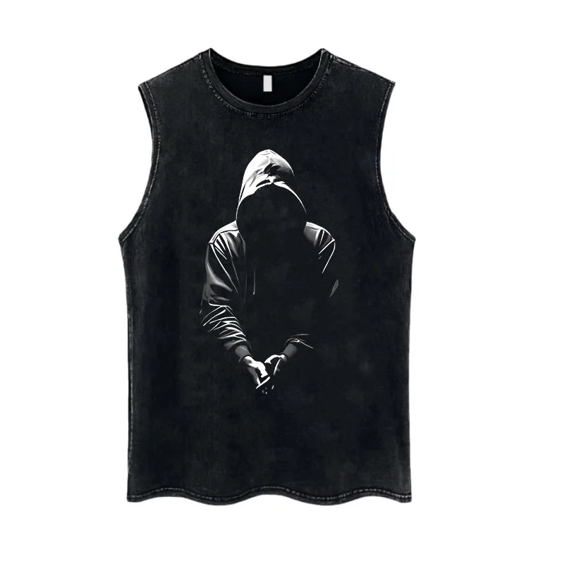 Y2K Fashion Men American Style Street Angel Wings Print Cotton Vest Sleeveless T-shirt Summer Casual Mens Black Oversized Vest