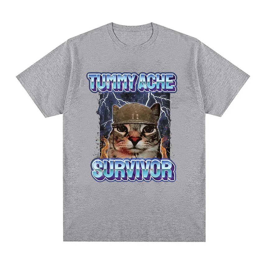 Vintage Tummy Ache Survivor Funny Cat Meme Tee Shirt Men Women Clothing Fashion Short Sleeve T-shirt Casual T Shirts