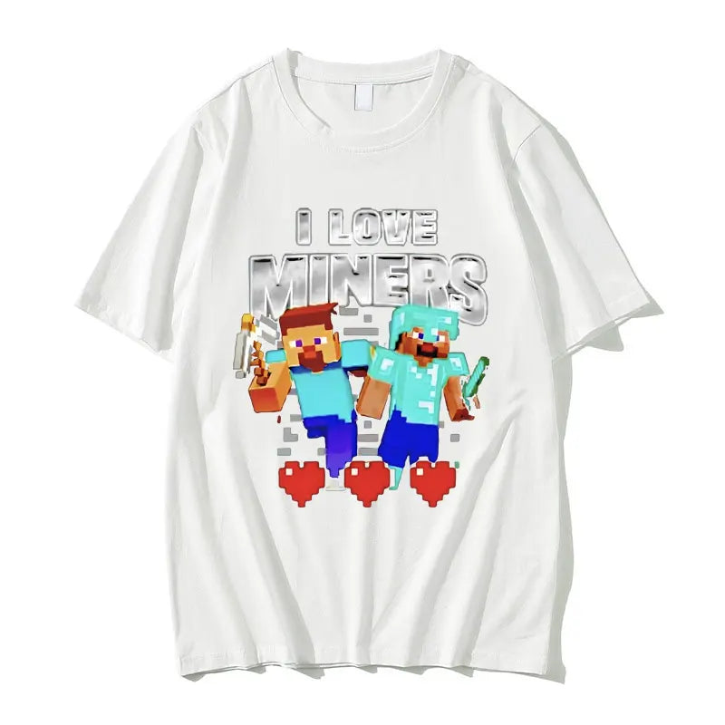 I Love Miners Print Tshirt Otaku Game Funny Meme T-shirt Crewneck Male Summer Pure Cotton Short Sleeve Men's Oversized 01336