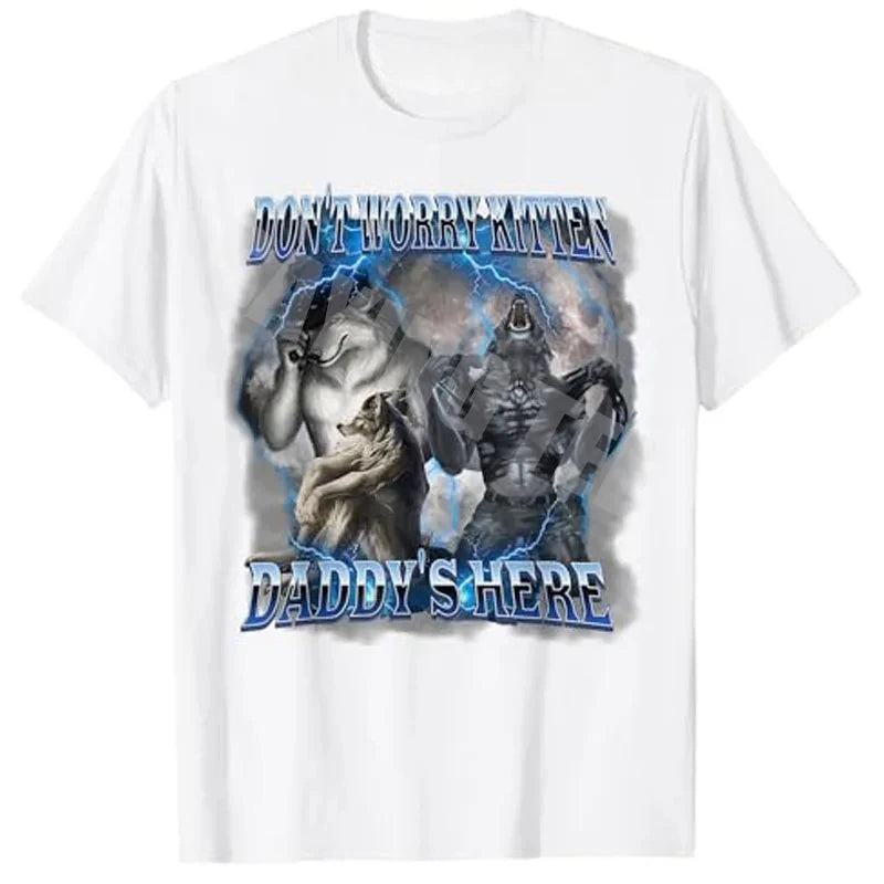 Don't worry kitten Dad here funny Alpha Wolf meme T-shirt Men fashion Sigma Alpha Sarcastic Prob T-shirt Novelty gift Y2K top