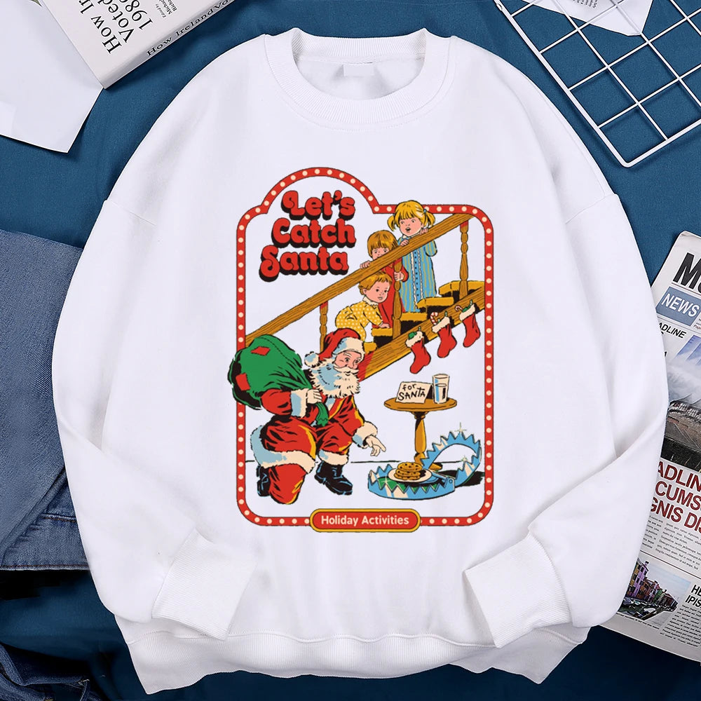 Let’S Catch Santa Holiday Activities Comics Print Clothes Men Women Soft Loose Sweatshirt Warm Soft Hoodie O-Neck Pullover Hoody