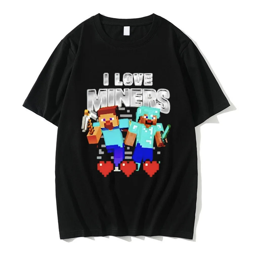 I Love Miners Print Tshirt Otaku Game Funny Meme T-shirt Crewneck Male Summer Pure Cotton Short Sleeve Men's Oversized 01336
