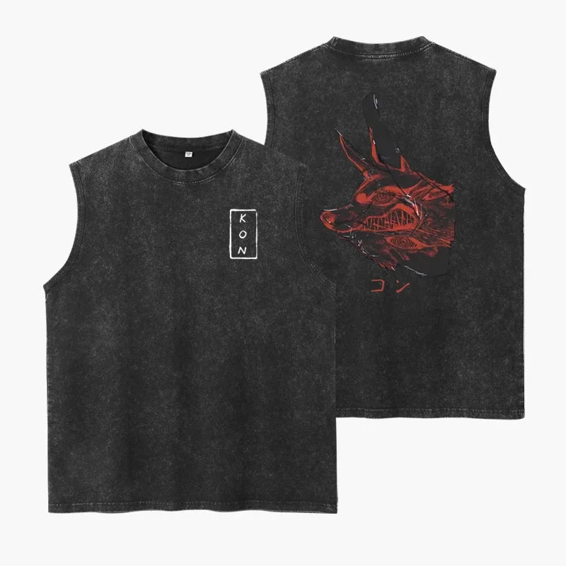 Japanese Anime Cartoon Kon Washed Vest Retro Men'S Fitness Sports Top Pure Cotton Summer Breathable Loose Y2k Sleeveless T-Shirt