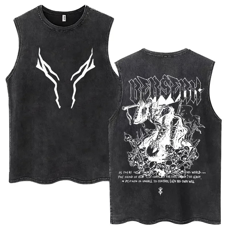 Anime Berserk Guts Washed Harajuku Tank Tops Retro Manga Gatsu Griffith Zodd Sleeveless T Shirts Unisex Cotton Oversized T-Shirt