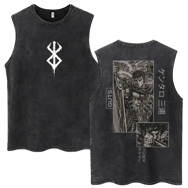 Anime Berserk Guts Washed Harajuku Tank Tops Retro Manga Gatsu Griffith Zodd Sleeveless T Shirts Unisex Cotton Oversized T-Shirt