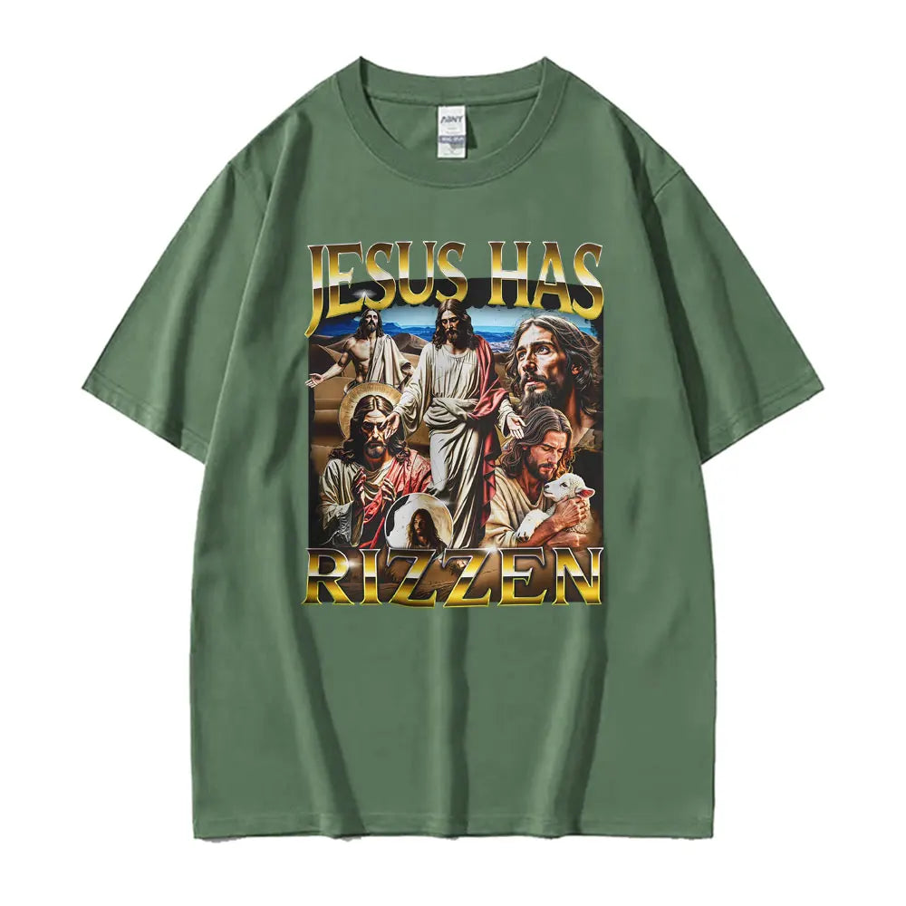 Funny Unhinged Offensive Lnappropriate Jesus Has Rizzen Graphic T Shirts Men Women Retro Oversized T-Shirt Short Sleeve T-Shirts