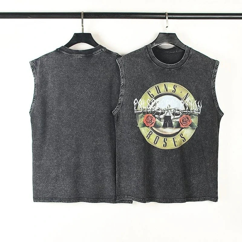 Oasis Band washed retro American street minimalist rock vest print T-shirt high-quality pure cotton Harajuku Y2K top