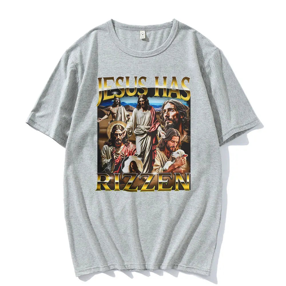 Funny Unhinged Offensive Lnappropriate Jesus Has Rizzen Graphic T Shirts Men Women Retro Oversized T-Shirt Short Sleeve T-Shirts
