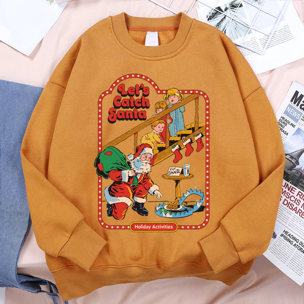 Let’S Catch Santa Holiday Activities Comics Print Clothes Men Women Soft Loose Sweatshirt Warm Soft Hoodie O-Neck Pullover Hoody