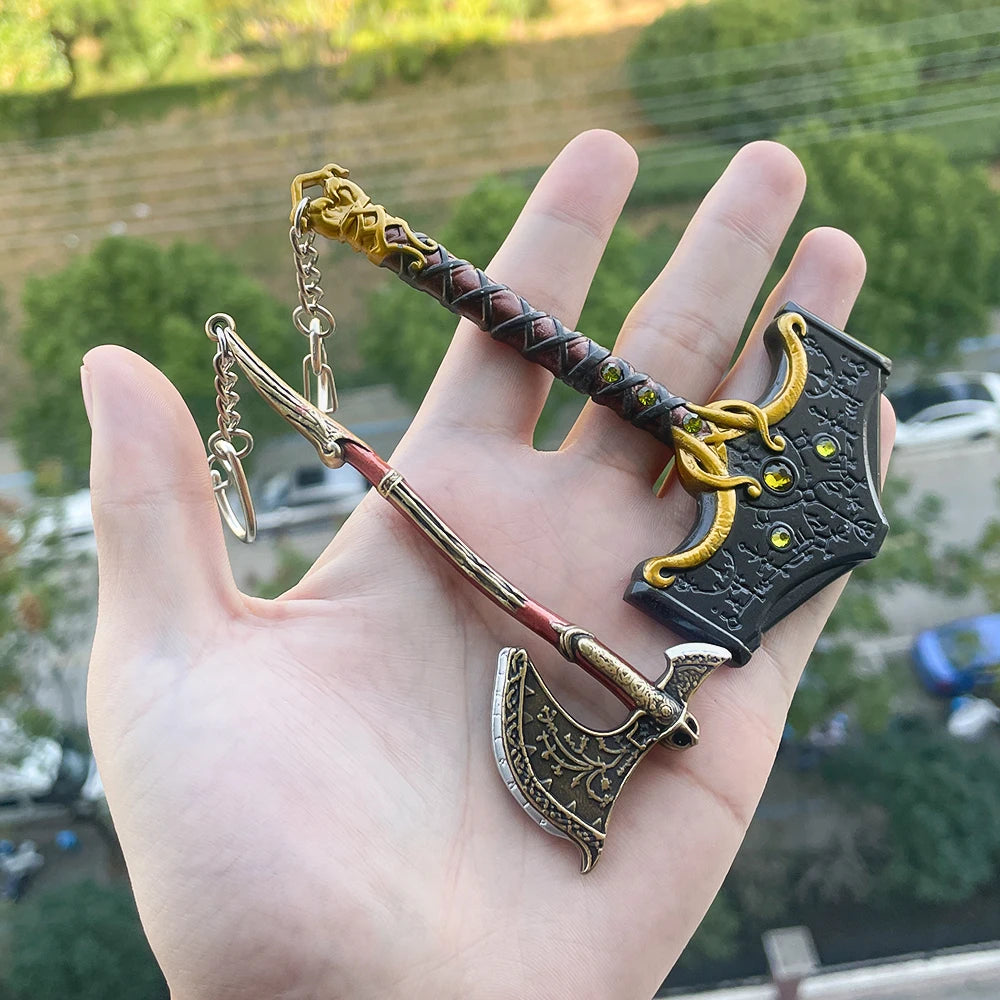 New God of War 5 Ragnarok Keychain Thor's Hammer Mjolnir Key Chain Levitan's Axe Keyring Blades of Exile Chaos Game Accessories