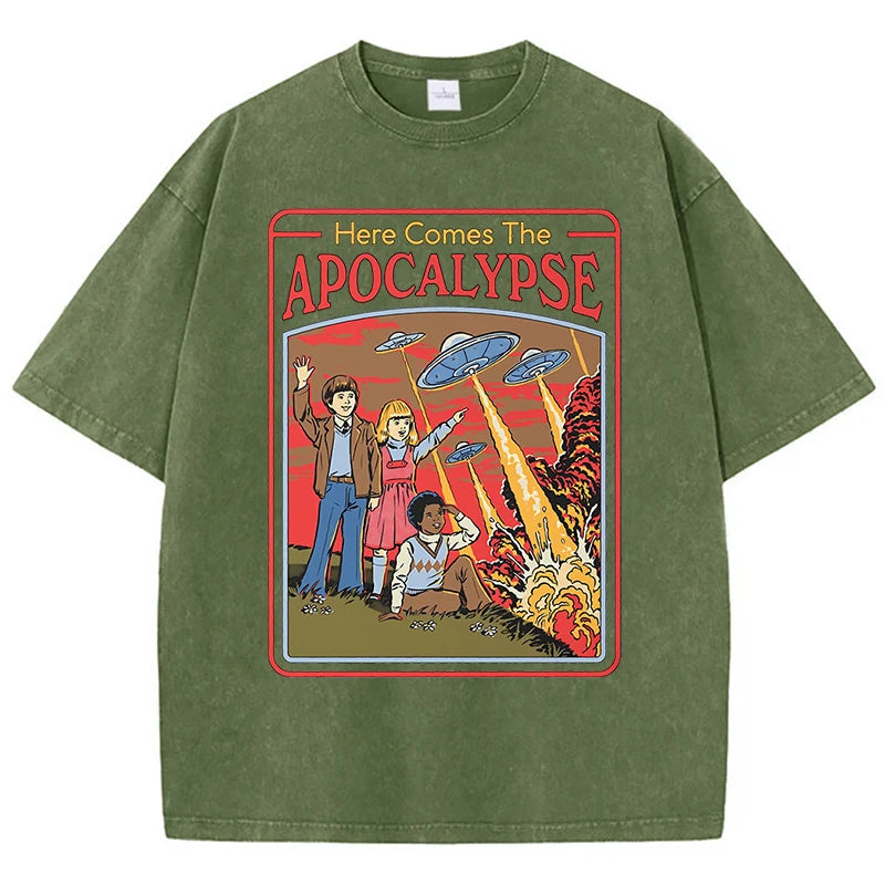 Here Comes The Apocalypse Ufo Washed Retro Men Clothing Oversized Quality Streetwear Fashion Cotton Tops Casual Loose T-Shirt