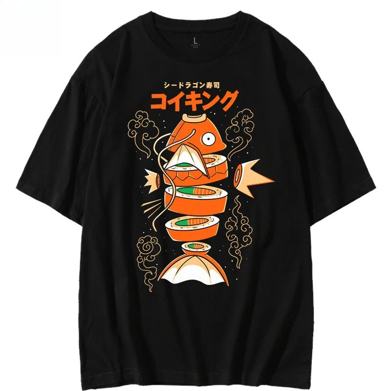 Japanese-style Pokémon King Carp Magikarp Sushi Sashimi Short Sleeve T-Shirt Loose Men's and Women's Summer Trend Top Clothing