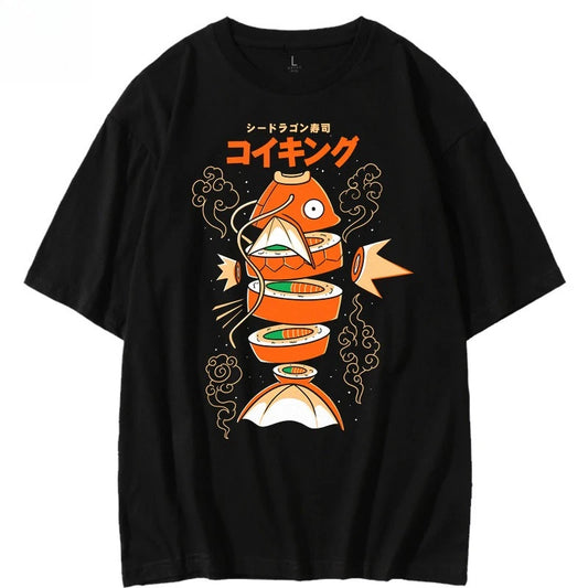 Japanese-style Pokémon King Carp Magikarp Sushi Sashimi Short Sleeve T-Shirt Loose Men's and Women's Summer Trend Top Clothing