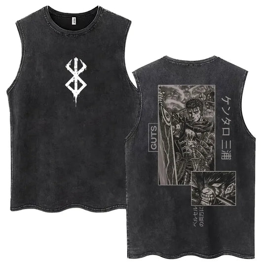 Anime Berserk Guts Washed Harajuku Tank Tops Retro Manga Gatsu Griffith Zodd Sleeveless T Shirts Unisex Cotton Oversized T-Shirt