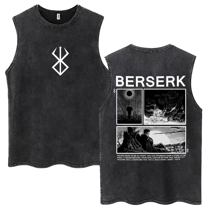 Anime Berserk Guts Washed Harajuku Tank Tops Retro Manga Gatsu Griffith Zodd Sleeveless T Shirts Unisex Cotton Oversized T-Shirt