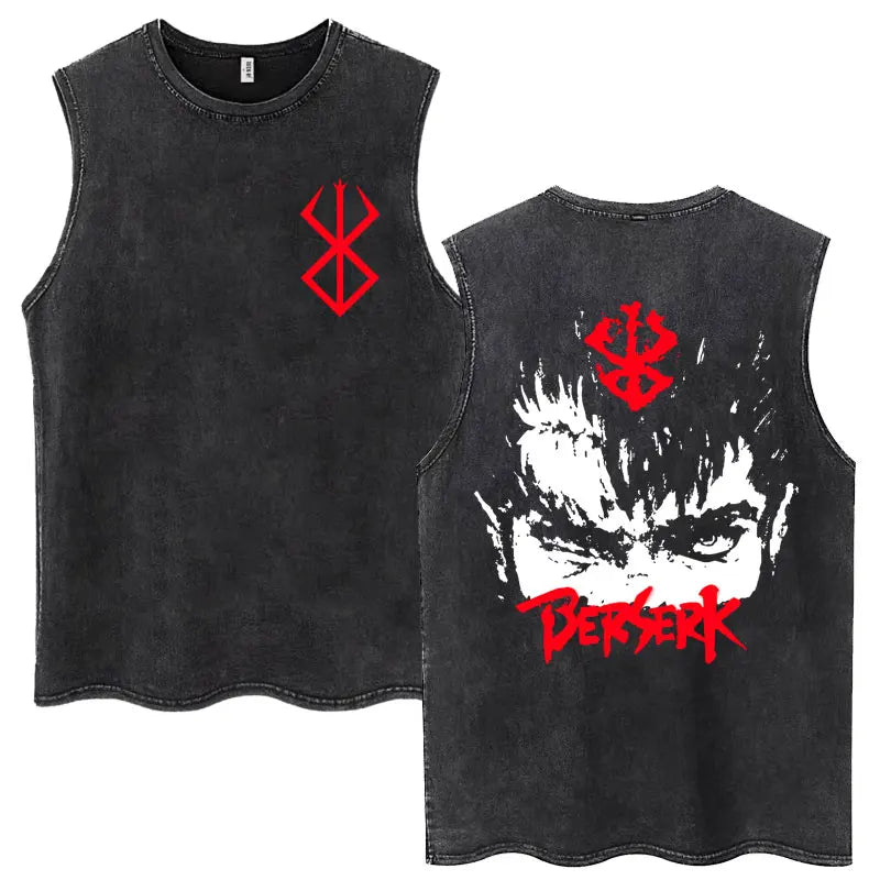Anime Berserk Guts Washed Harajuku Tank Tops Retro Manga Gatsu Griffith Zodd Sleeveless T Shirts Unisex Cotton Oversized T-Shirt