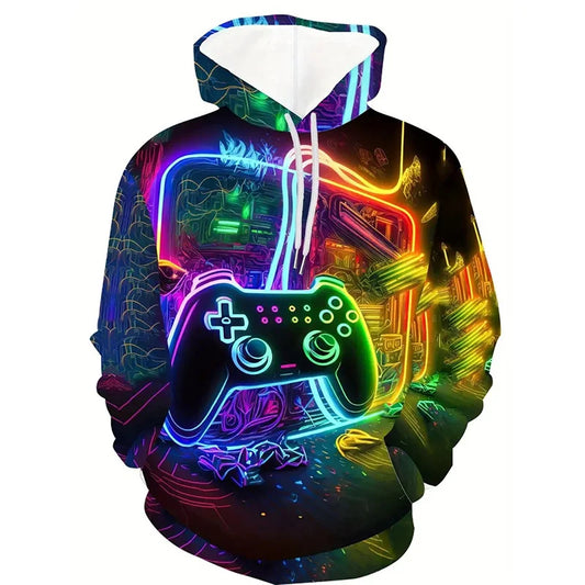 Gamepad Game Player Funny Hoodie For Men Graffiti Neon Smoke Graphic Hooded Coat Children Best Gift Long Sleeve Kids Hoodies