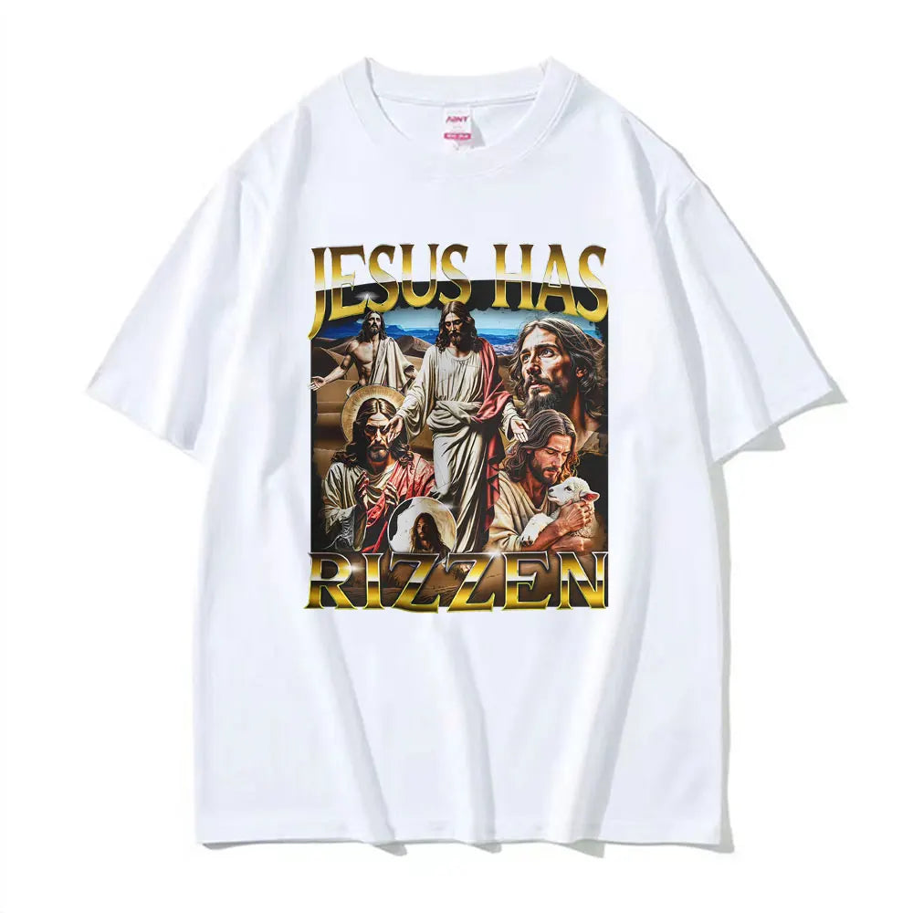 Funny Unhinged Offensive Lnappropriate Jesus Has Rizzen Graphic T Shirts Men Women Retro Oversized T-Shirt Short Sleeve T-Shirts
