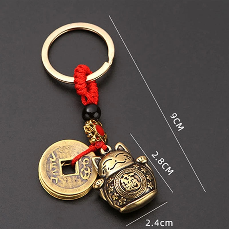 1Pc Vintage Pure Handmade Lucky Cat Car Keychain Lucky Cat Five Emperors Money Keychain Feng Shui Coins Solid Lucky Key Ring