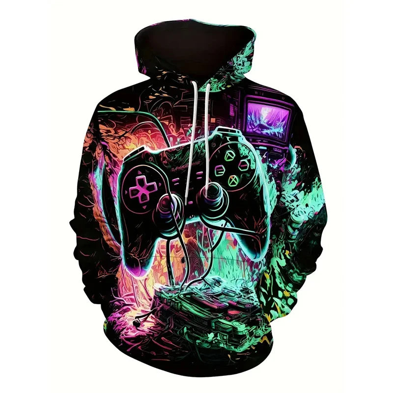 Gamepad Game Player Funny Hoodie For Men Graffiti Neon Smoke Graphic Hooded Coat Children Best Gift Long Sleeve Kids Hoodies