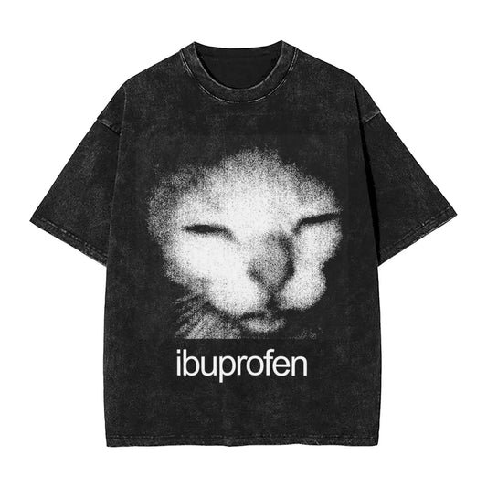 Ibuprofen Cat Meme Washed T Shirts Streetwear Hip Hop Vintage T-Shirts  Tees Tops for Men Women 100% Cotton Street Summer