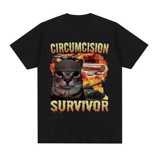 Circumcision Survivor Funny Cat Meme T Shirts Men Women Vintage T-shirt Casual Cotton Short Sleeve Summer T-shirts Streetwear