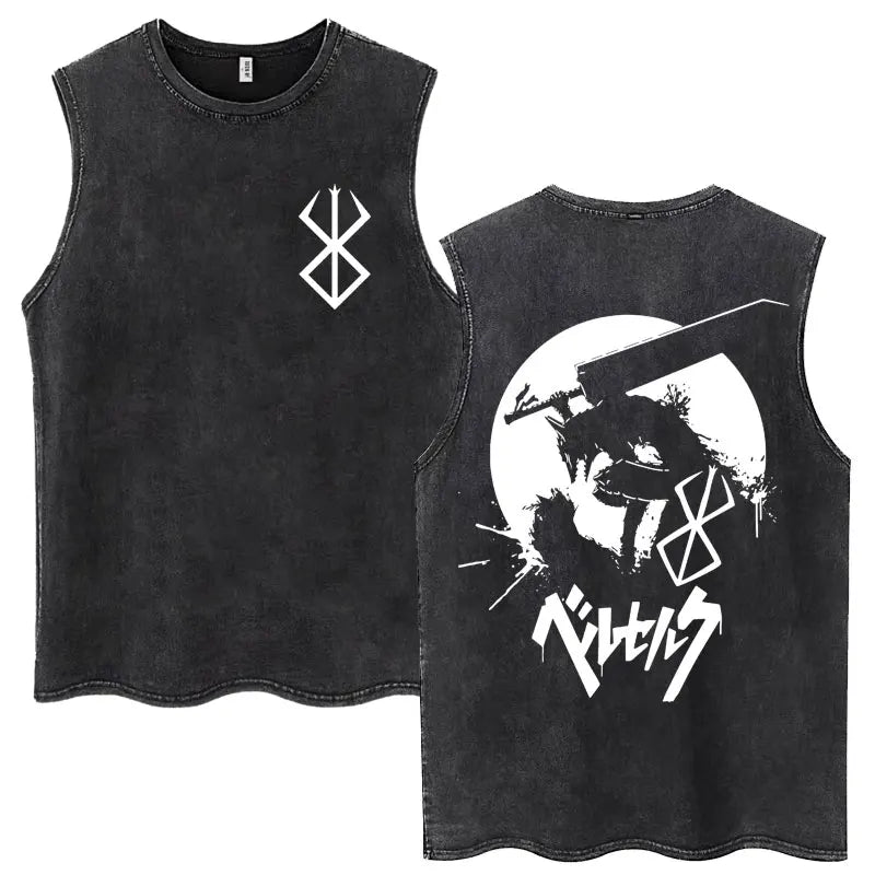 Anime Berserk Guts Washed Harajuku Tank Tops Retro Manga Gatsu Griffith Zodd Sleeveless T Shirts Unisex Cotton Oversized T-Shirt