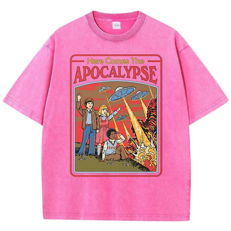 Here Comes The Apocalypse Ufo Washed Retro Men Clothing Oversized Quality Streetwear Fashion Cotton Tops Casual Loose T-Shirt