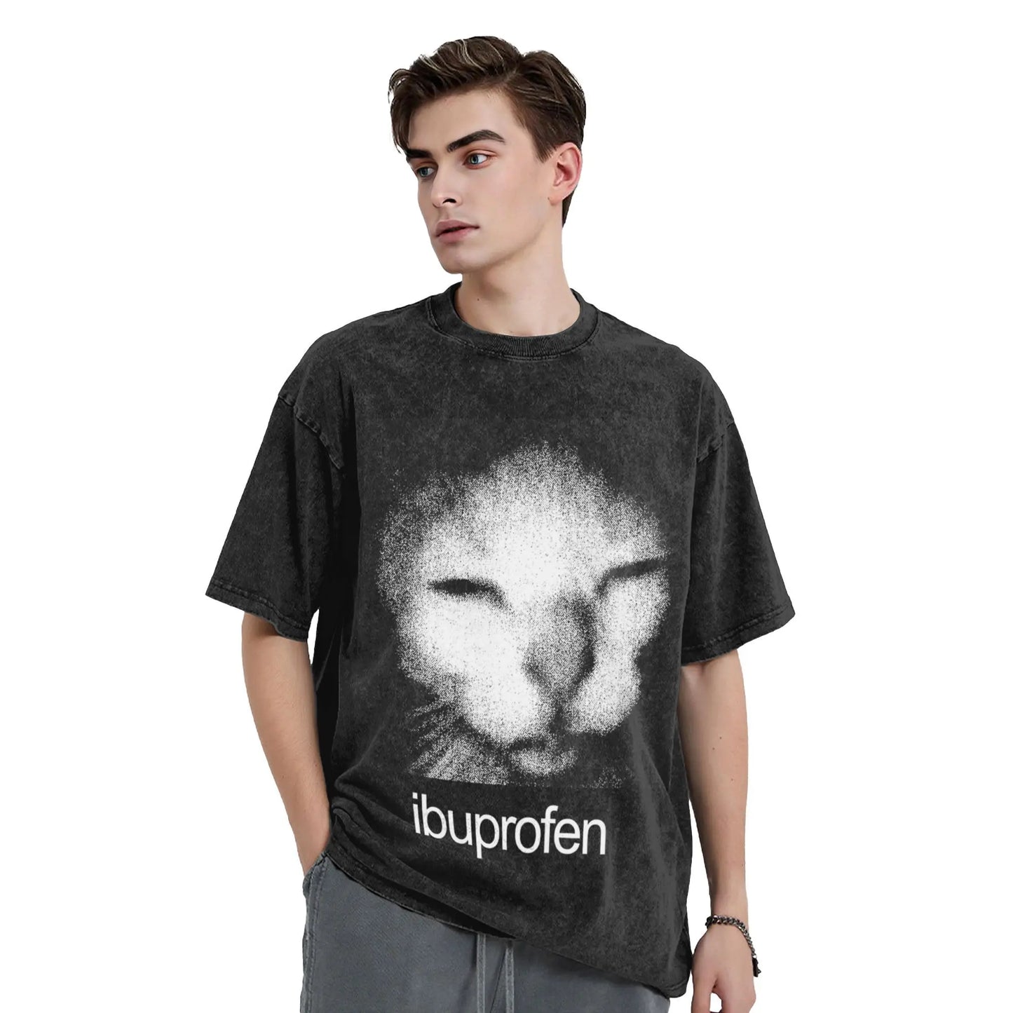 Ibuprofen Cat Meme Washed T Shirts Streetwear Hip Hop Vintage T-Shirts  Tees Tops for Men Women 100% Cotton Street Summer