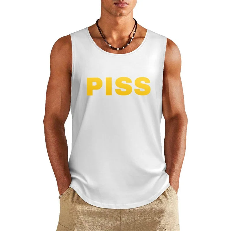 Funny Text Piss Graphic Tank Top For Men Summer Fitness Gym Sleeveless Shirt Hip Hop Personality Humour Design Loose Vest Tops