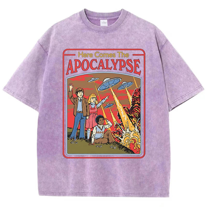 Here Comes The Apocalypse Ufo Washed Retro Men Clothing Oversized Quality Streetwear Fashion Cotton Tops Casual Loose T-Shirt