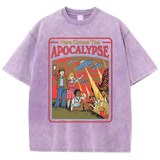Here Comes The Apocalypse Ufo Washed Retro Men Clothing Oversized Quality Streetwear Fashion Cotton Tops Casual Loose T-Shirt