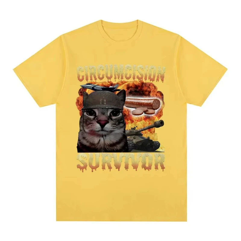 Circumcision Survivor Funny Cat Meme T Shirts Men Women Vintage T-shirt Casual Cotton Short Sleeve Summer T-shirts Streetwear
