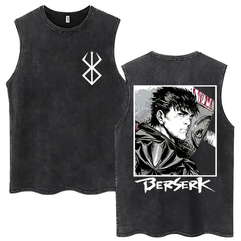 Anime Berserk Guts Washed Harajuku Tank Tops Retro Manga Gatsu Griffith Zodd Sleeveless T Shirts Unisex Cotton Oversized T-Shirt