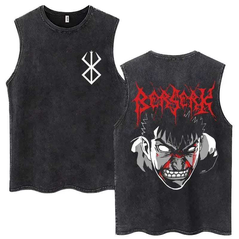 Anime Berserk Guts Washed Harajuku Tank Tops Retro Manga Gatsu Griffith Zodd Sleeveless T Shirts Unisex Cotton Oversized T-Shirt