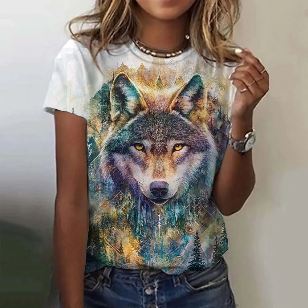 3D Printed  Animal T Shirt For Women Funny Wolf Pattern Tees Summer New Harajuku T-Shirts Y2k Tops Loose Short Sleeves Clothes