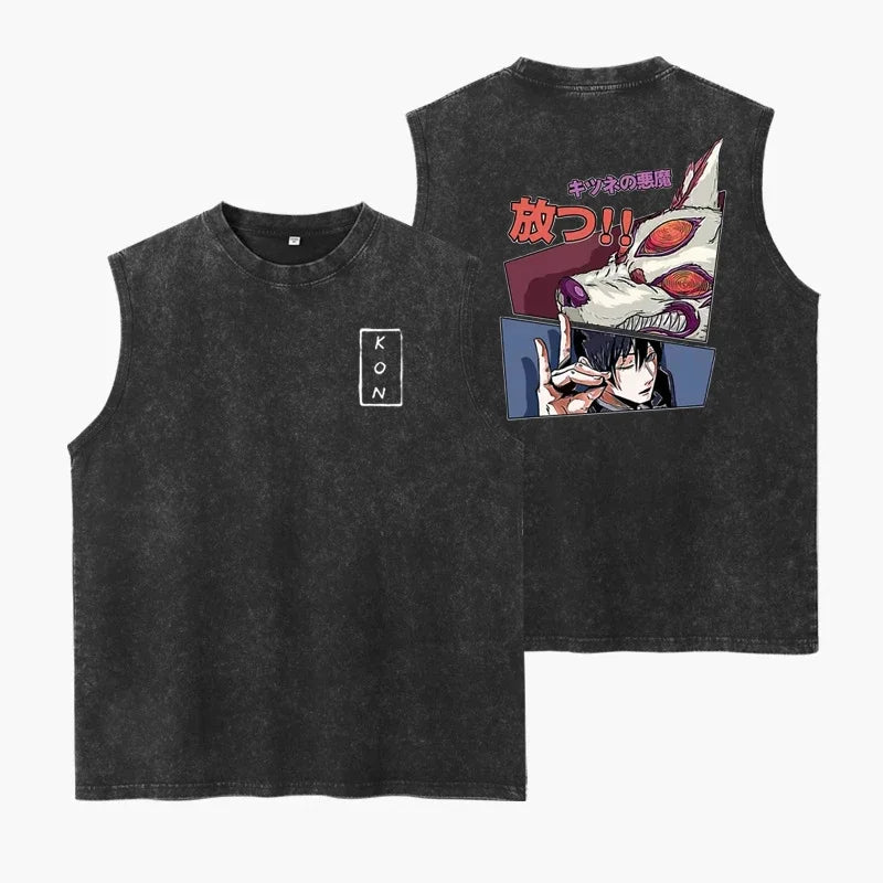 Japanese Anime Cartoon Kon Washed Vest Retro Men'S Fitness Sports Top Pure Cotton Summer Breathable Loose Y2k Sleeveless T-Shirt