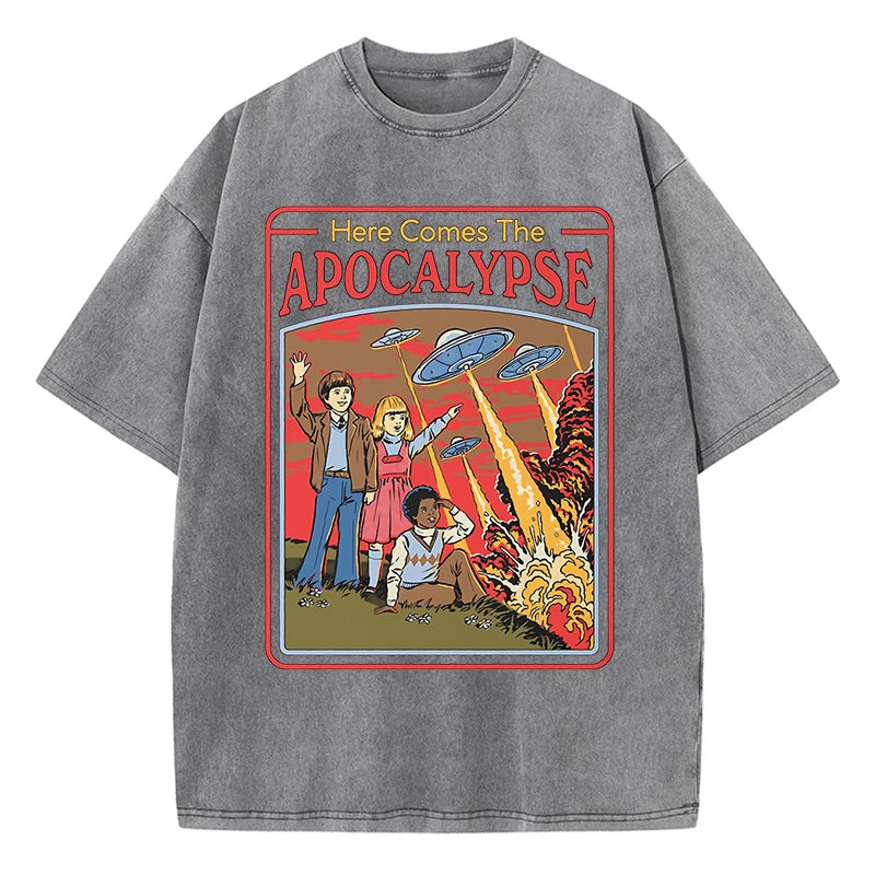 Here Comes The Apocalypse Ufo Washed Retro Men Clothing Oversized Quality Streetwear Fashion Cotton Tops Casual Loose T-Shirt