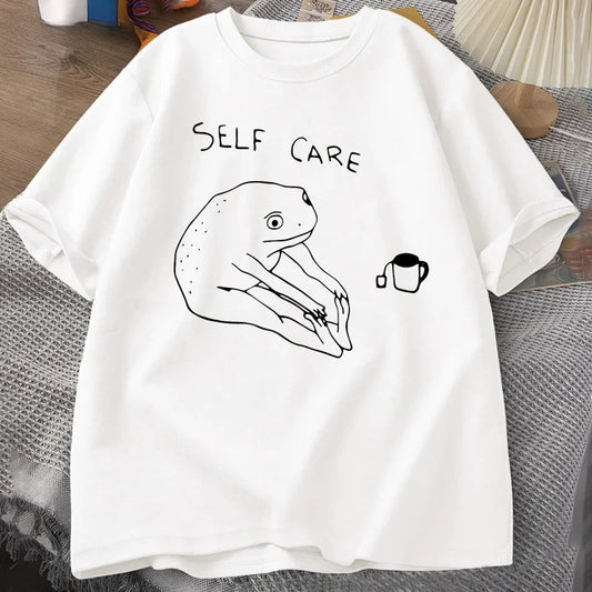 Funny Frog Self Care T-Shirt Retro Cottagecore Frog Printed Tshirt Women Men Summer Round Neck Short Sleeve Tee Shirt Streetwear