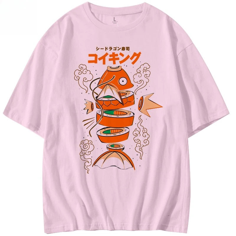 Japanese-style Pokémon King Carp Magikarp Sushi Sashimi Short Sleeve T-Shirt Loose Men's and Women's Summer Trend Top Clothing