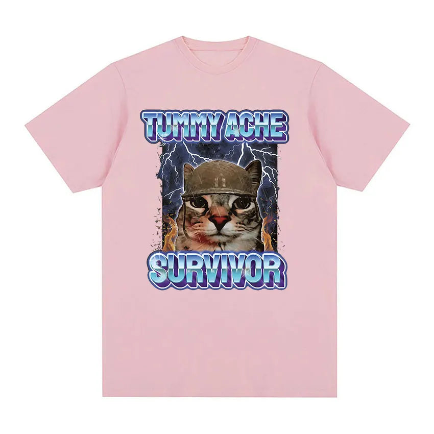 Vintage Tummy Ache Survivor Funny Cat Meme Tee Shirt Men Women Clothing Fashion Short Sleeve T-shirt Casual T Shirts