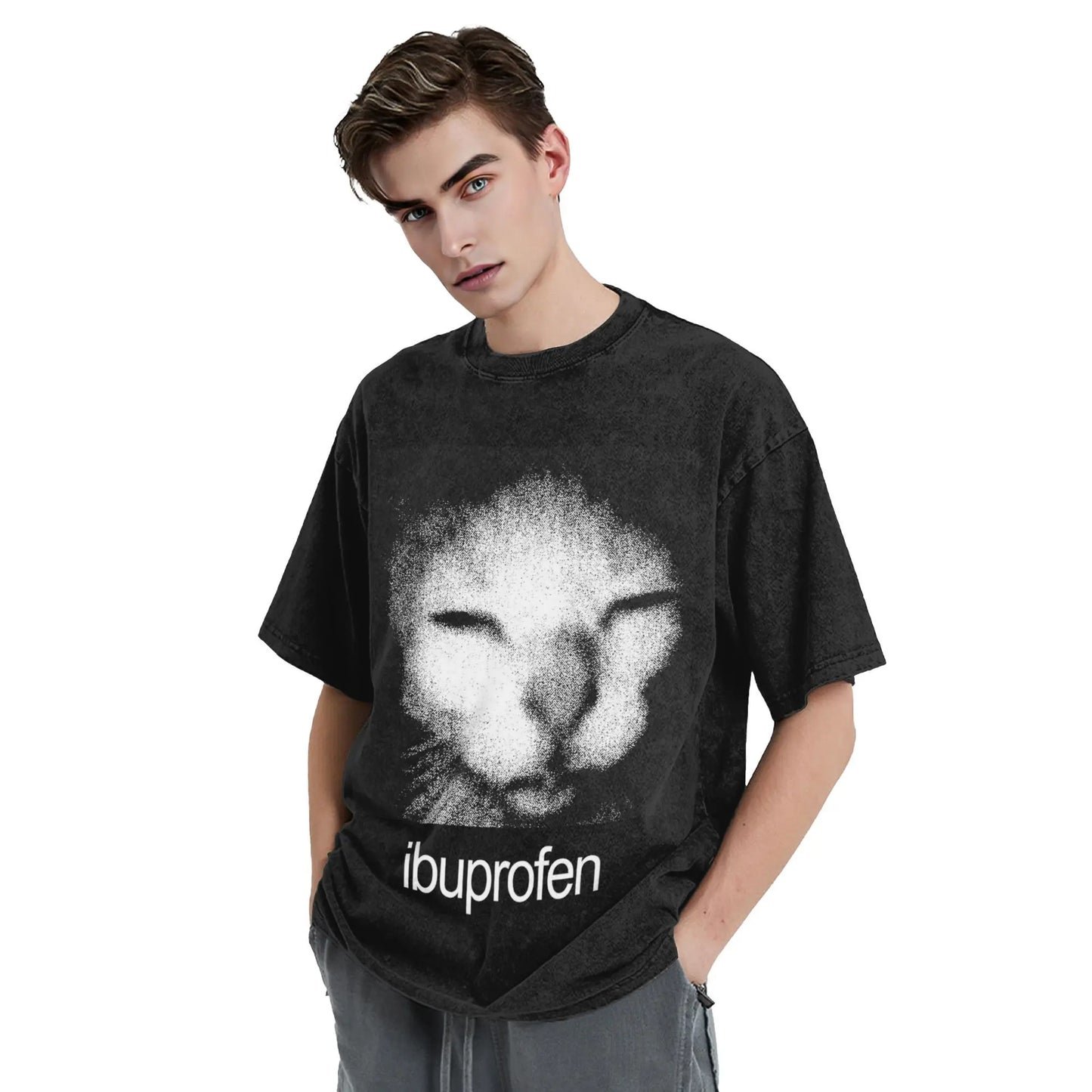 Ibuprofen Cat Meme Washed T Shirts Streetwear Hip Hop Vintage T-Shirts  Tees Tops for Men Women 100% Cotton Street Summer