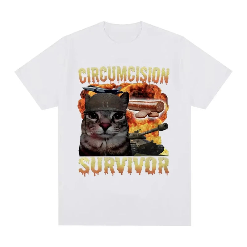 Circumcision Survivor Funny Cat Meme T Shirts Men Women Vintage T-shirt Casual Cotton Short Sleeve Summer T-shirts Streetwear