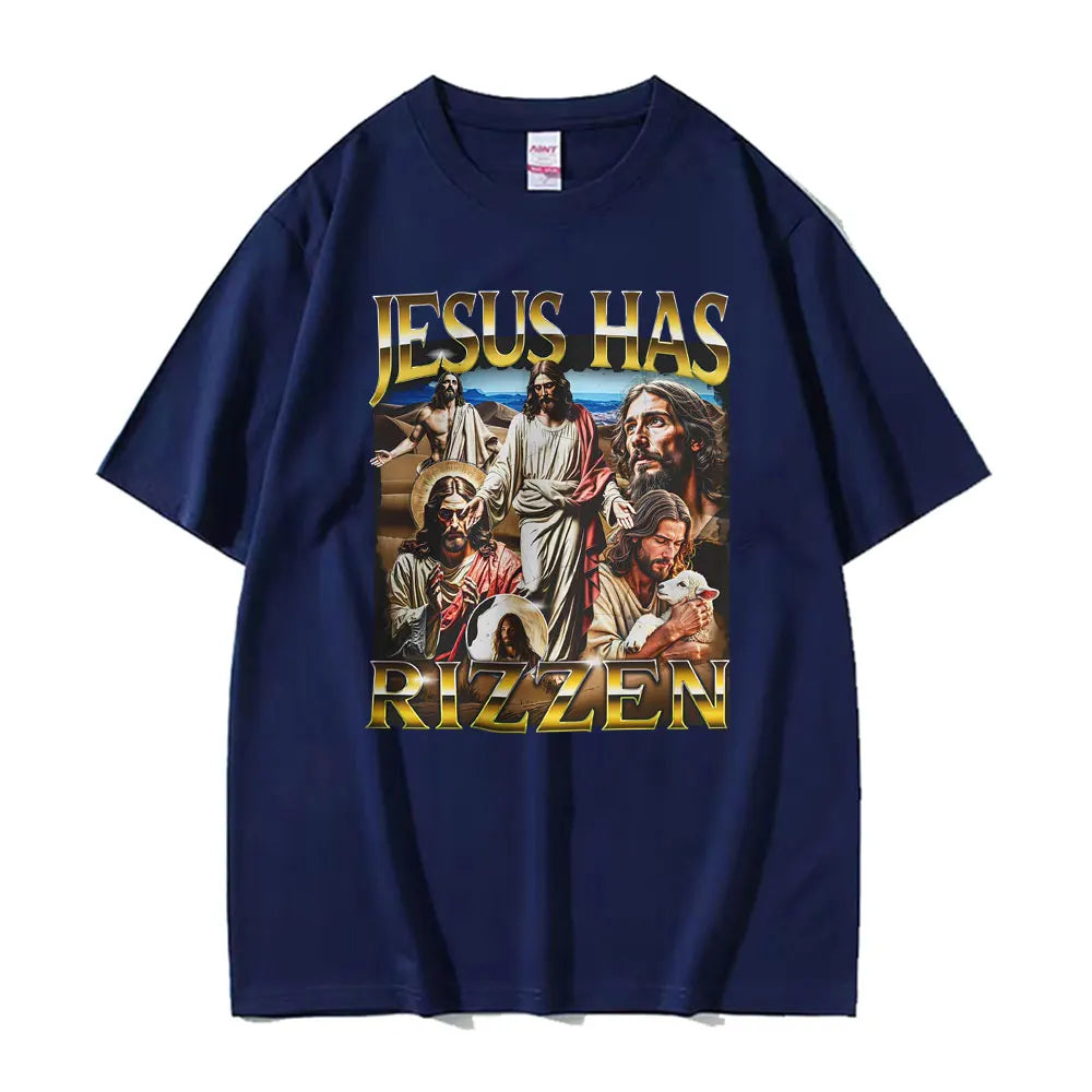 Funny Unhinged Offensive Lnappropriate Jesus Has Rizzen Graphic T Shirts Men Women Retro Oversized T-Shirt Short Sleeve T-Shirts